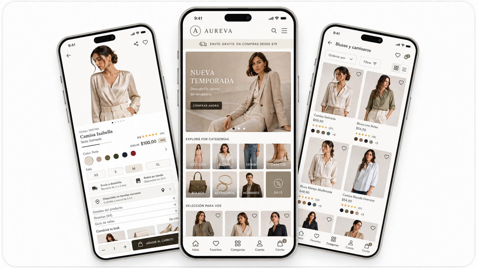 Tienda online después: interfaz clara con recorrido de compra simplificado